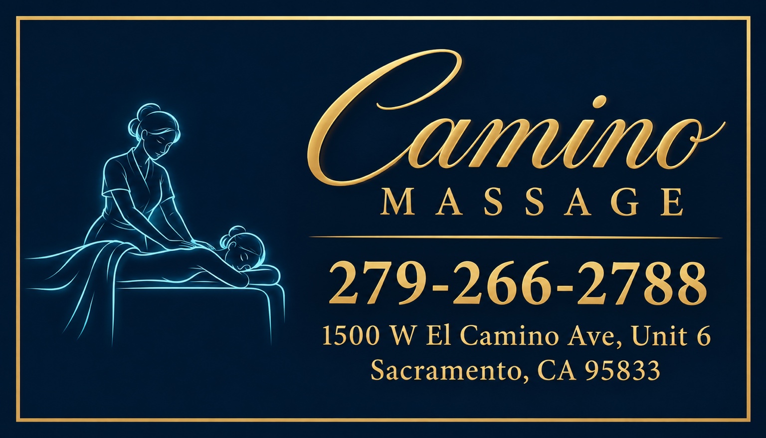 Camino Massage — cyan massage illustration and gold lettering, 1500 W El Camino Ave, Unit 6, Sacramento